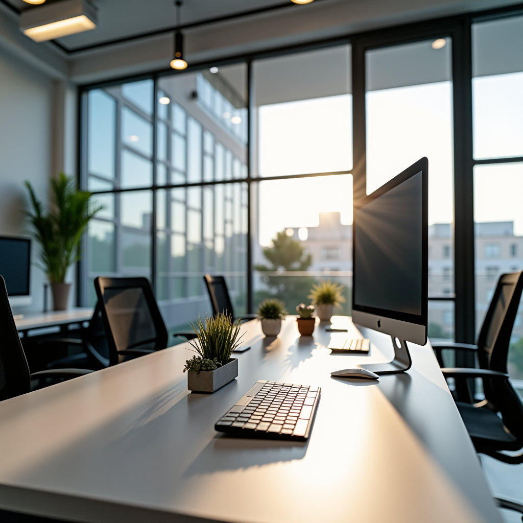 Modern office space in Madrid with Mac computers on desks, bright natural lighting through large windows, professional workspace with plants and minimalist design, representing MacOptimizacion Iberica headquarters