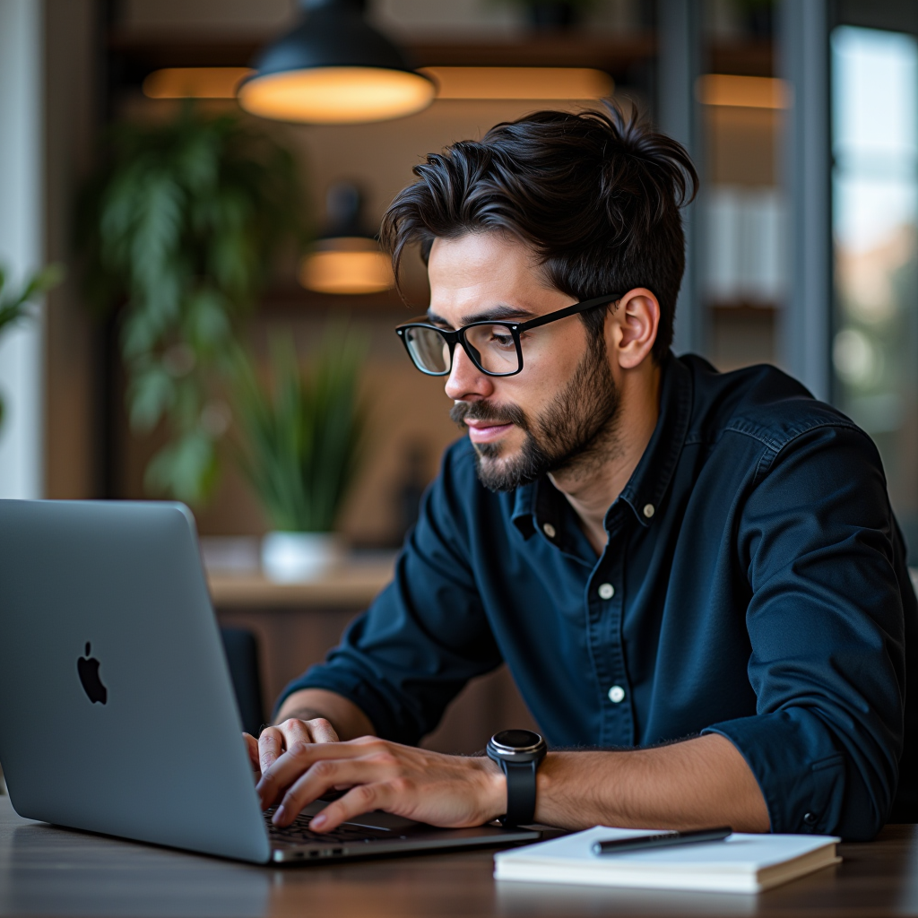 Professional Mac optimization specialist working on MacBook Pro, clearing cache and optimizing system performance in modern Spanish office setting