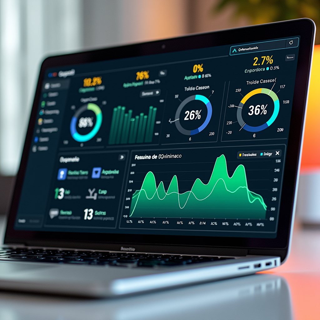 Detailed performance analysis dashboard on a MacBook screen displaying cache usage statistics, system resource graphs, and optimization metrics with Spanish interface elements