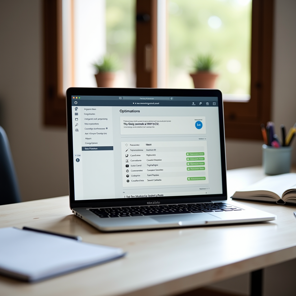 Modern MacBook Pro on a minimalist desk in a Spanish home office, screen displaying system maintenance utilities and optimization tools, natural lighting from window, organized workspace with notebook showing maintenance checklist