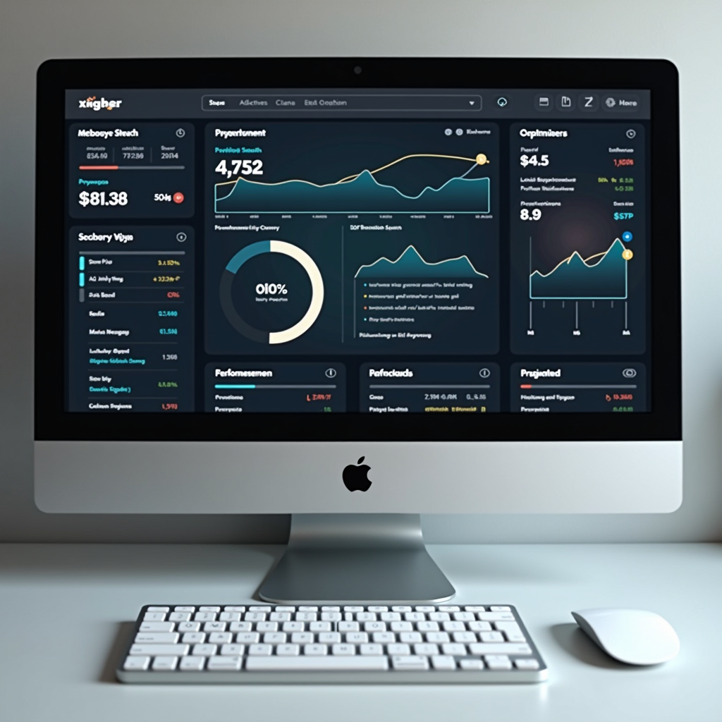 Mac computer displaying system performance graphs and optimization tools with speed indicators and resource monitoring dashboard