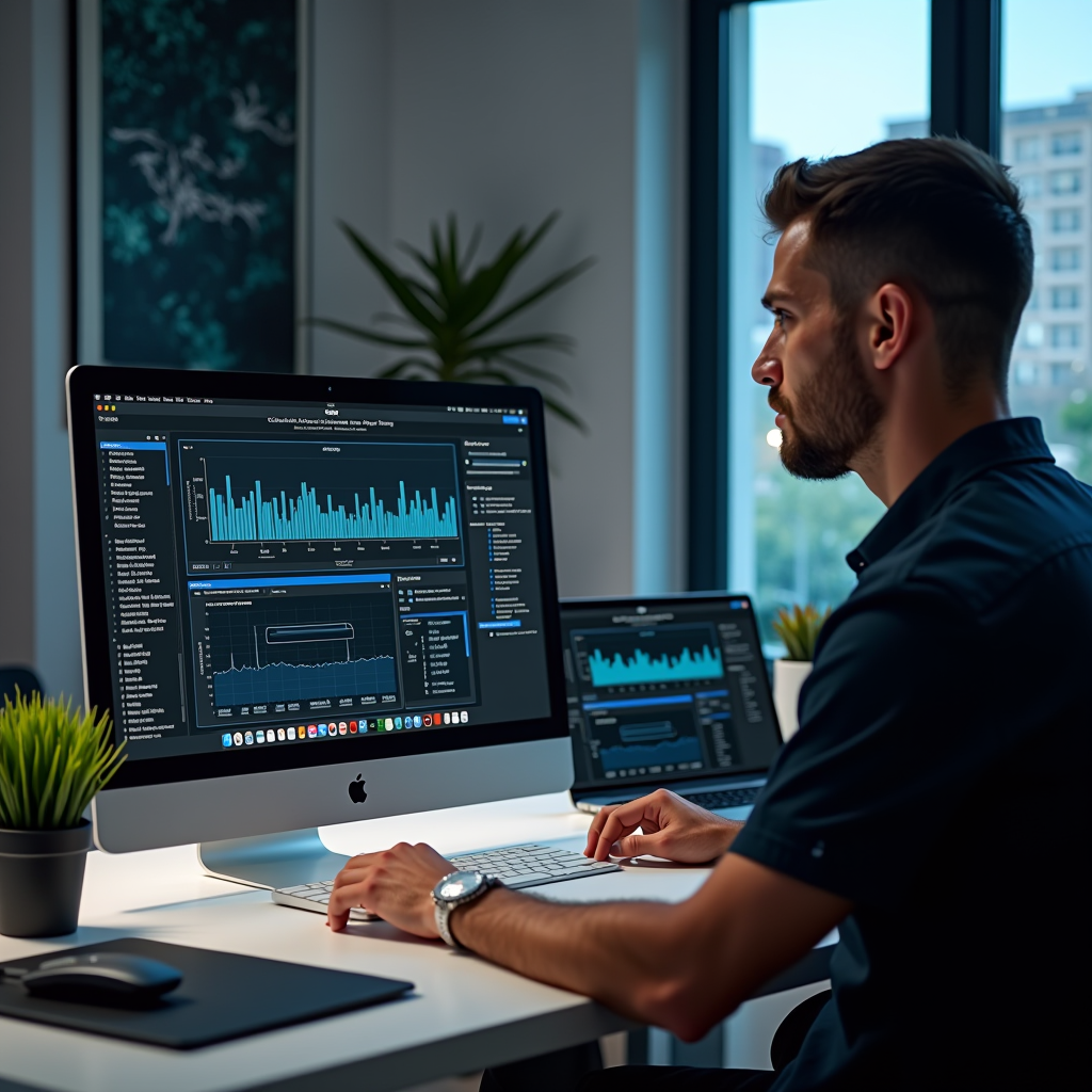 Professional Mac technician analyzing system performance on modern MacBook Pro in clean Spanish office environment with diagnostic tools and performance monitoring software displayed on screen