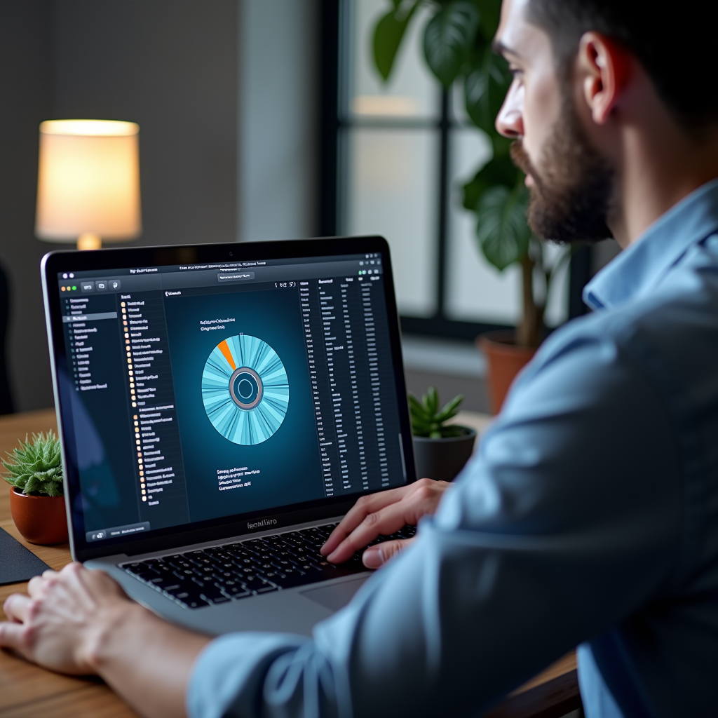 Professional Mac technician carefully examining a MacBook Pro screen showing system cache files and storage analysis in a modern Spanish office with clean workspace