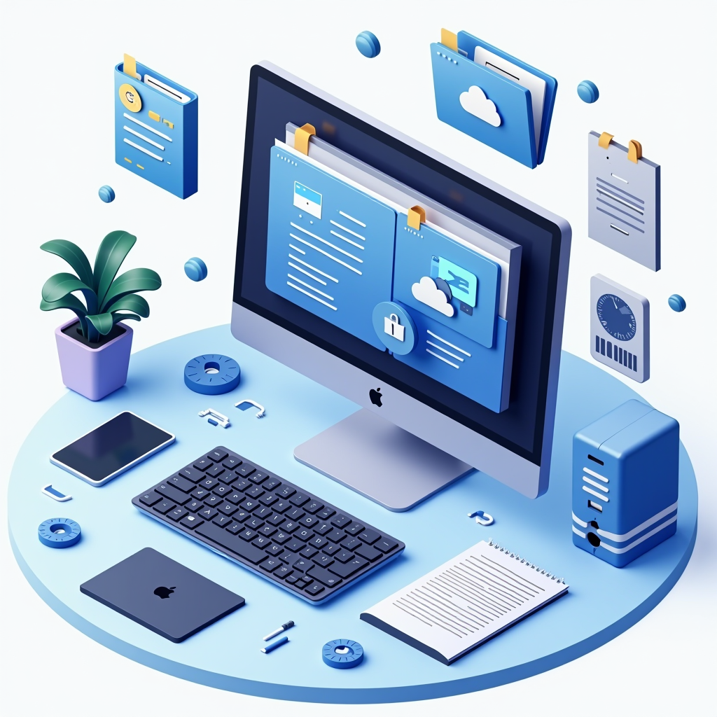 Detailed illustration showing Mac computer screen with cache file icons, folder structures, and system maintenance symbols representing digital workspace optimization in Spain