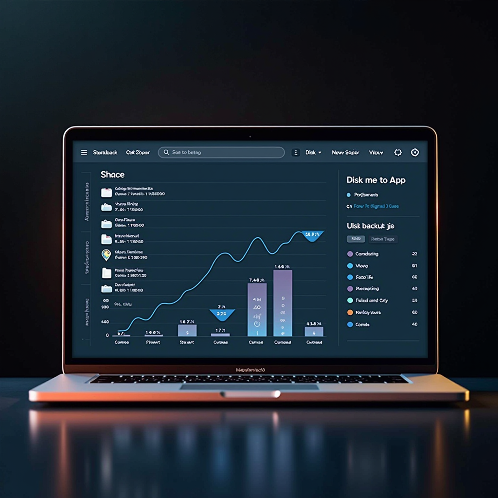 Mac storage visualization showing disk space analysis with large files, duplicates, and old backups highlighted for removal and optimization