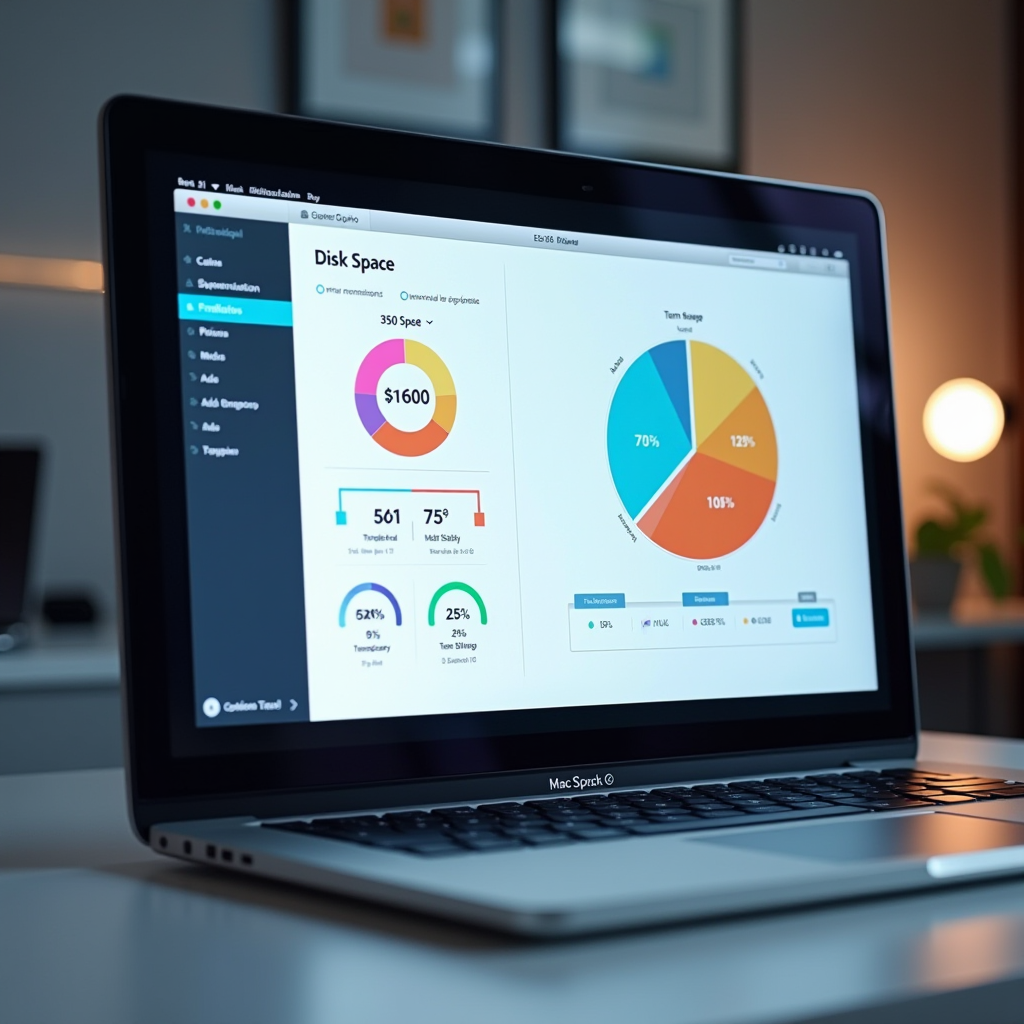 Mac storage visualization showing disk space analysis, temporary files, cache cleanup tools, and storage optimization interface designed for users in Spain managing their computer storage