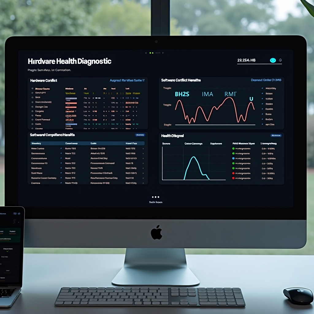 Mac system health diagnostic screen showing hardware component checks, software conflict analysis, and detailed system logs with health indicators