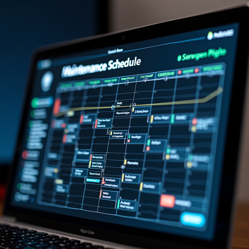 Mac maintenance schedule calendar showing regular check-ups, system updates, and performance monitoring with flexible scheduling options and service timeline